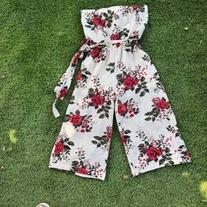 Purple Snow Red Rose Floral White‎ Jumpsuit Strapless Belted Wide Leg Romper SM